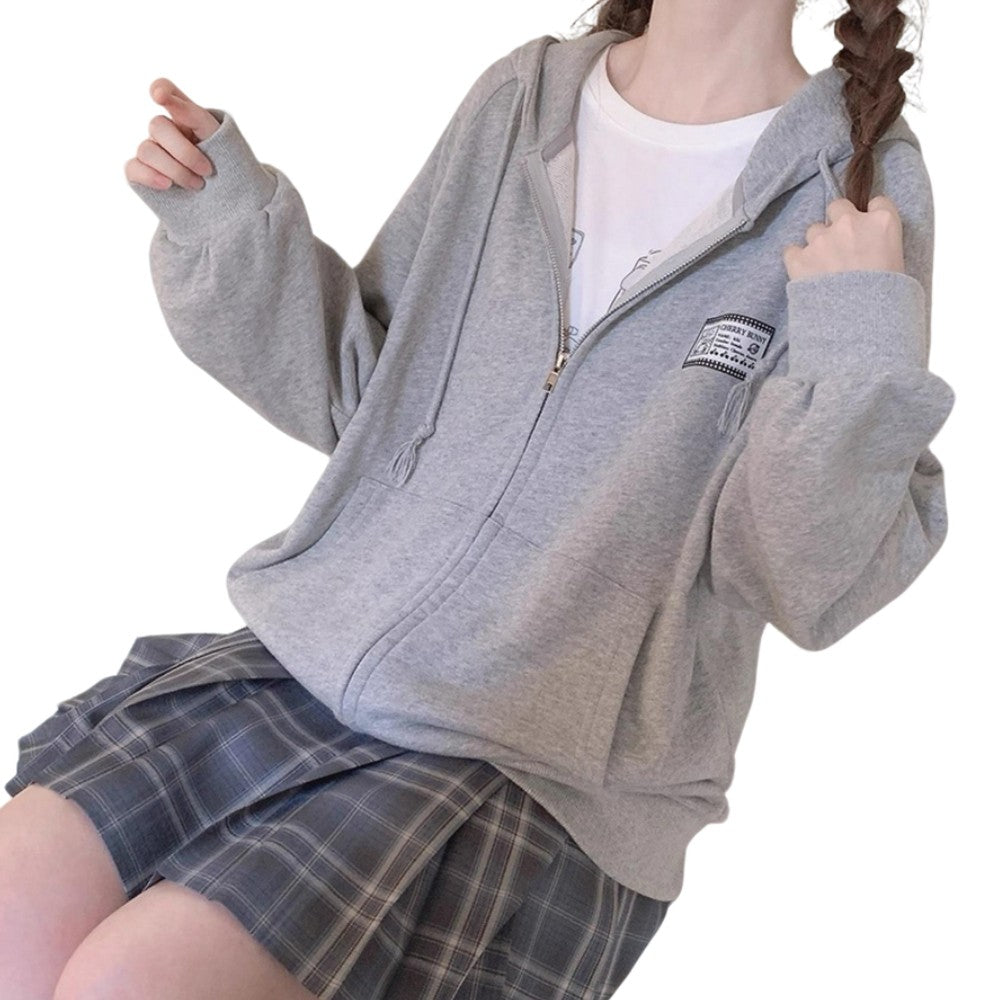 Vintage Patch Zip-Up Hoodie for Women Harajuku Loose Fit Cotton Hooded Sweatshirt